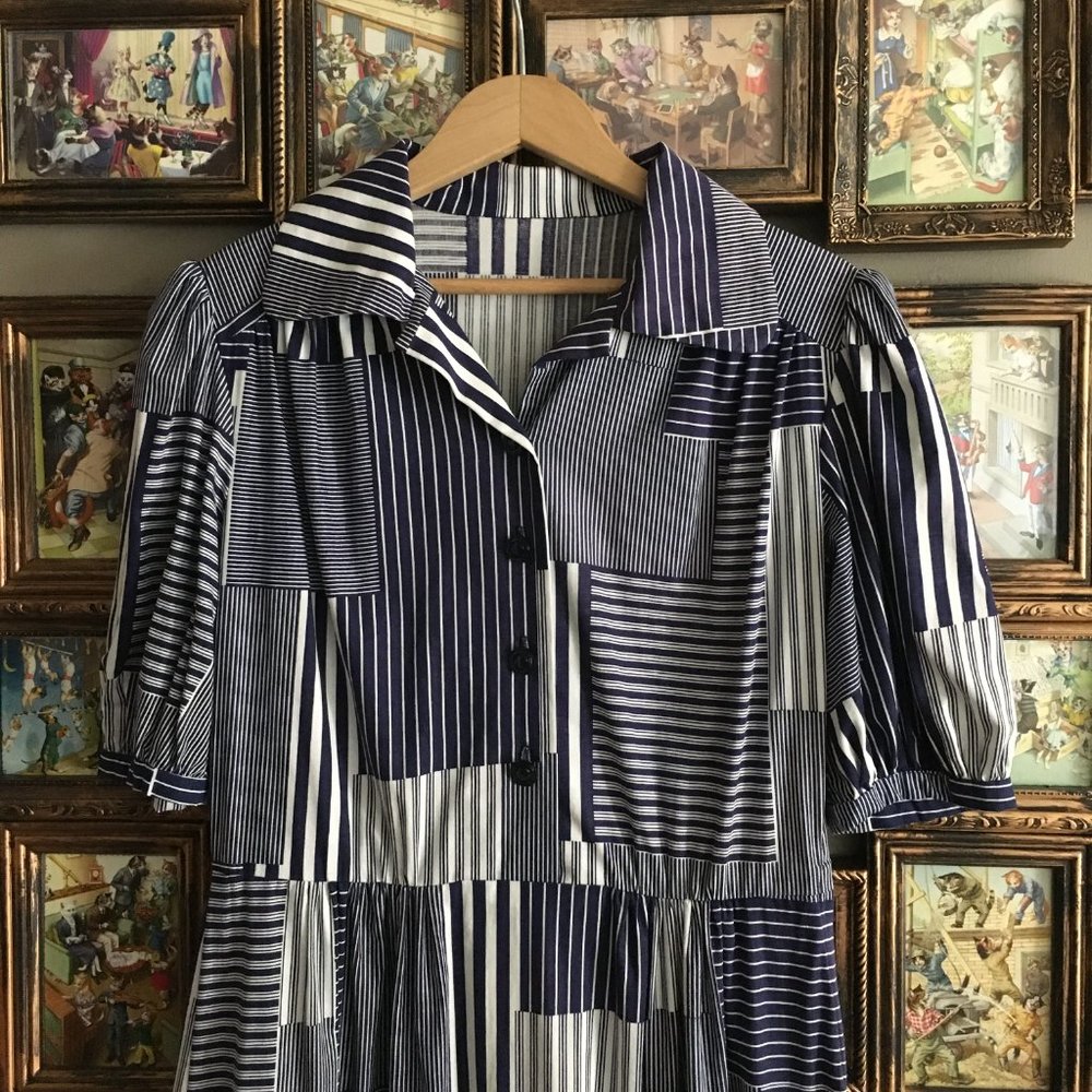 Vintage 70s Handmade Patchwork Print Cotton Day Dress S - Picture 4 of 16